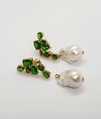 Natural Diopside and Baroque Pearl Earrings
