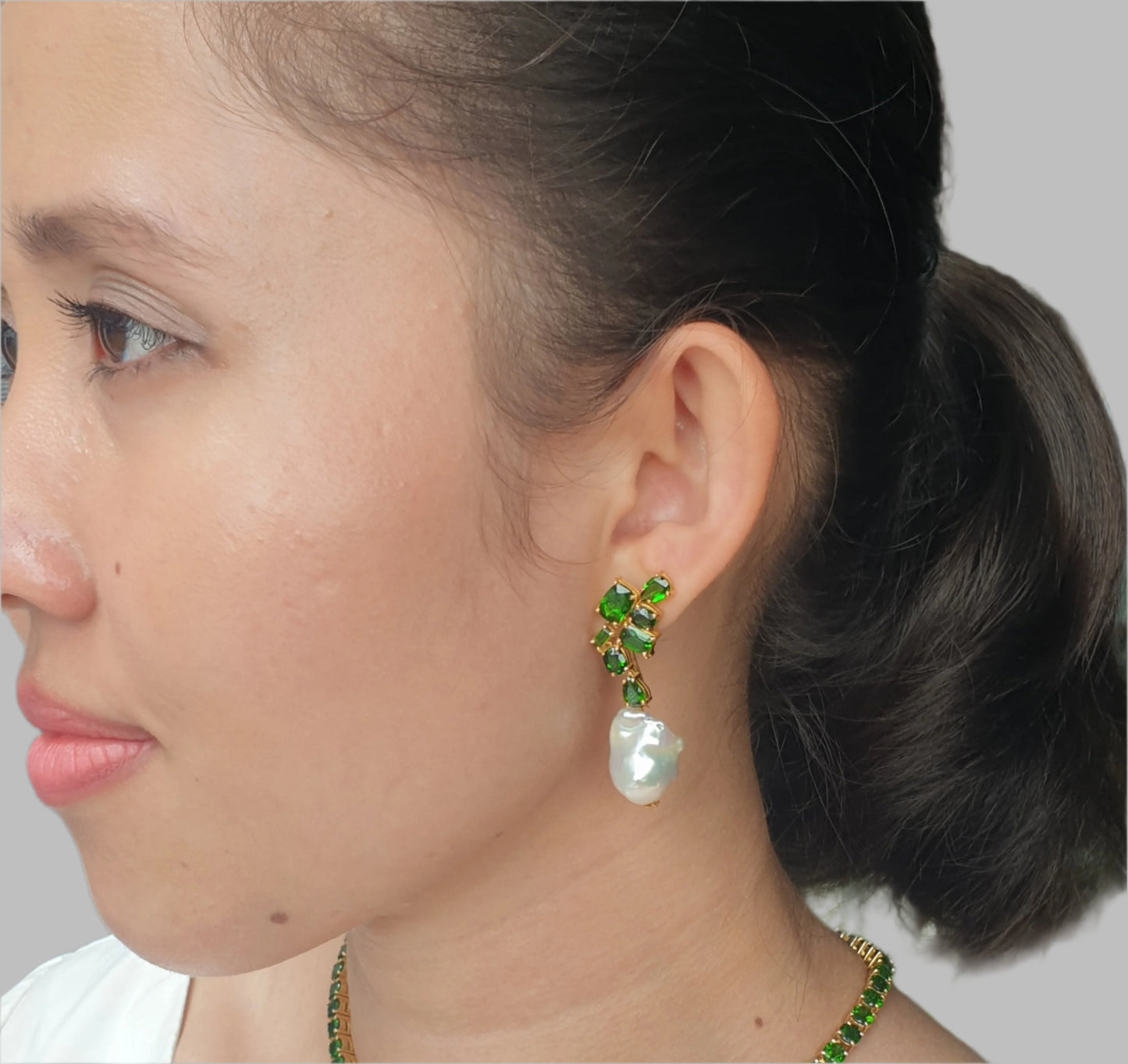 Natural Diopside and Baroque Pearl Earrings