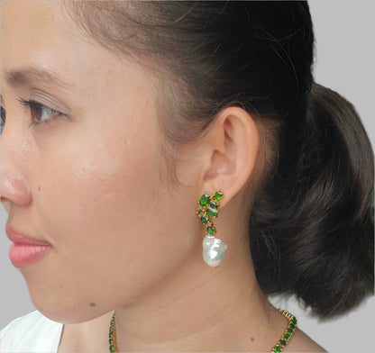 Natural Diopside and Baroque Pearl Earrings