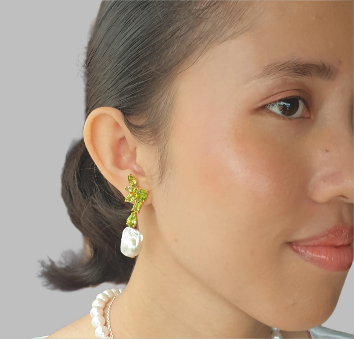 Natural Peridot with Baroque Pearl Earrings