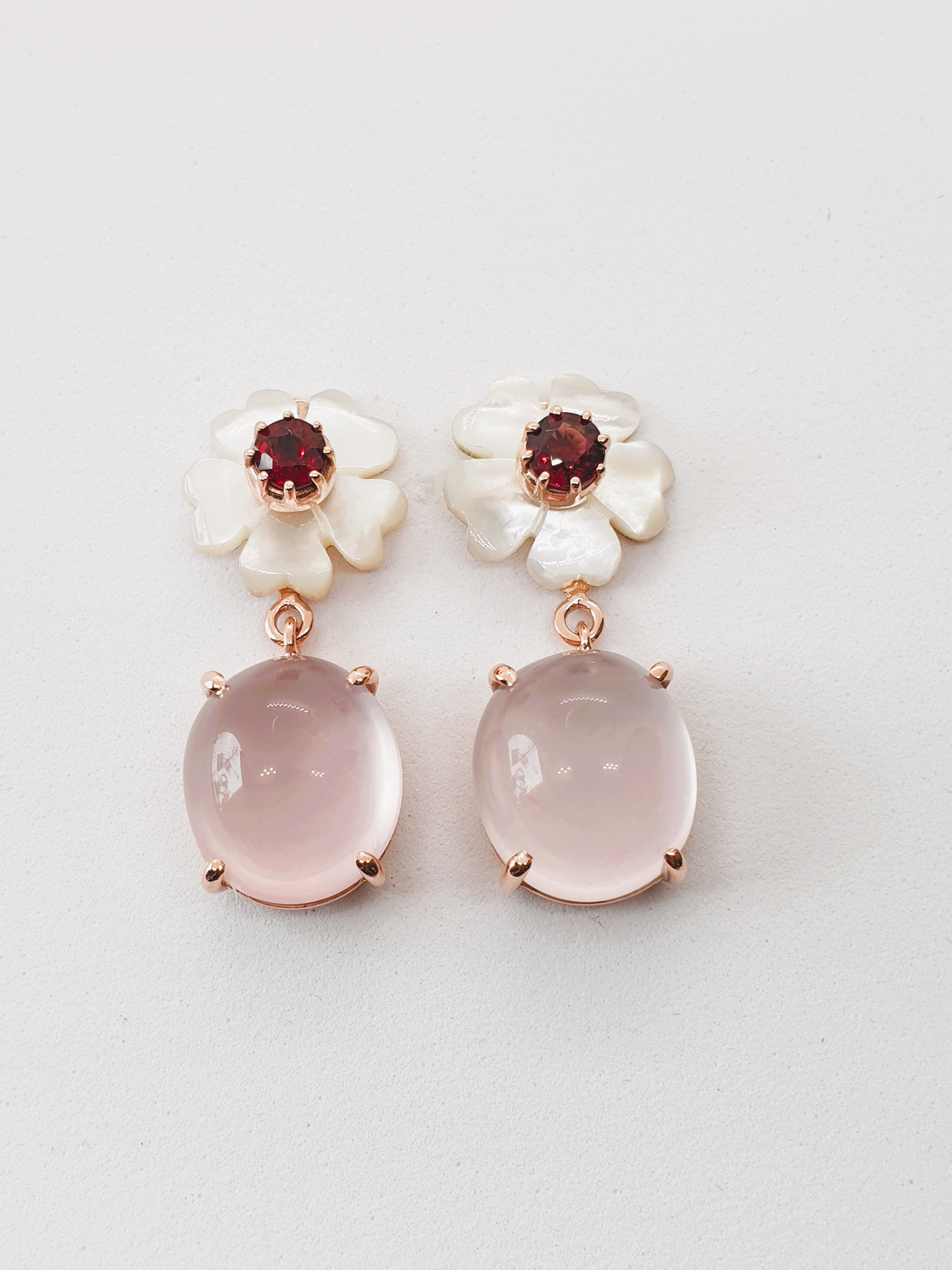 Natural Rose Quartz, Natural Garnet and Mother of Pearl Earrings