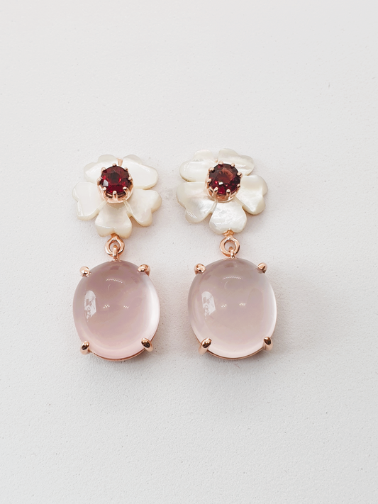 Natural Rose Quartz, Natural Garnet and Mother of Pearl Earrings