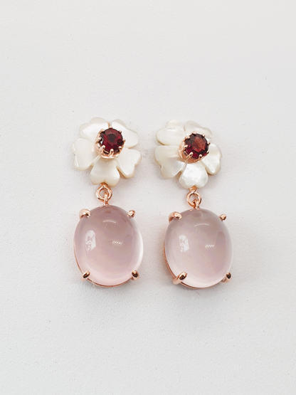 Natural Rose Quartz, Natural Garnet and Mother of Pearl Earrings