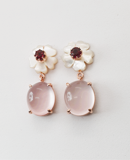Natural Rose Quartz, Natural Garnet and Mother of Pearl Earrings