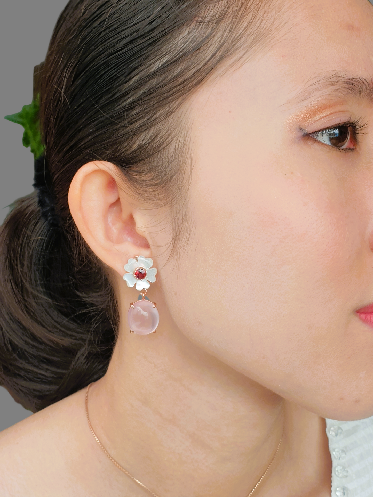 Natural Rose Quartz, Natural Garnet and Mother of Pearl Earrings