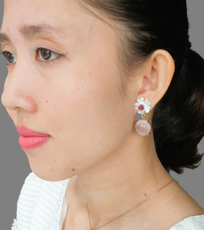 Natural Rose Quartz, Natural Garnet and Mother of Pearl Earrings