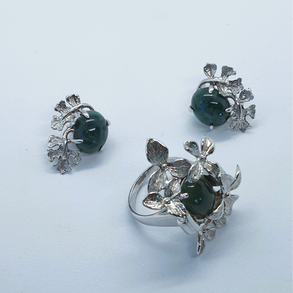 Burmese Natural Jade Earrings and Ring Set