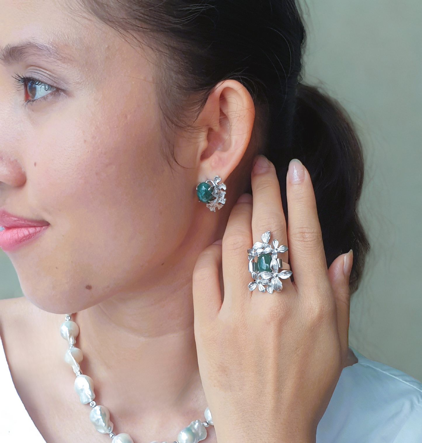 Burmese Natural Jade Earrings and Ring Set