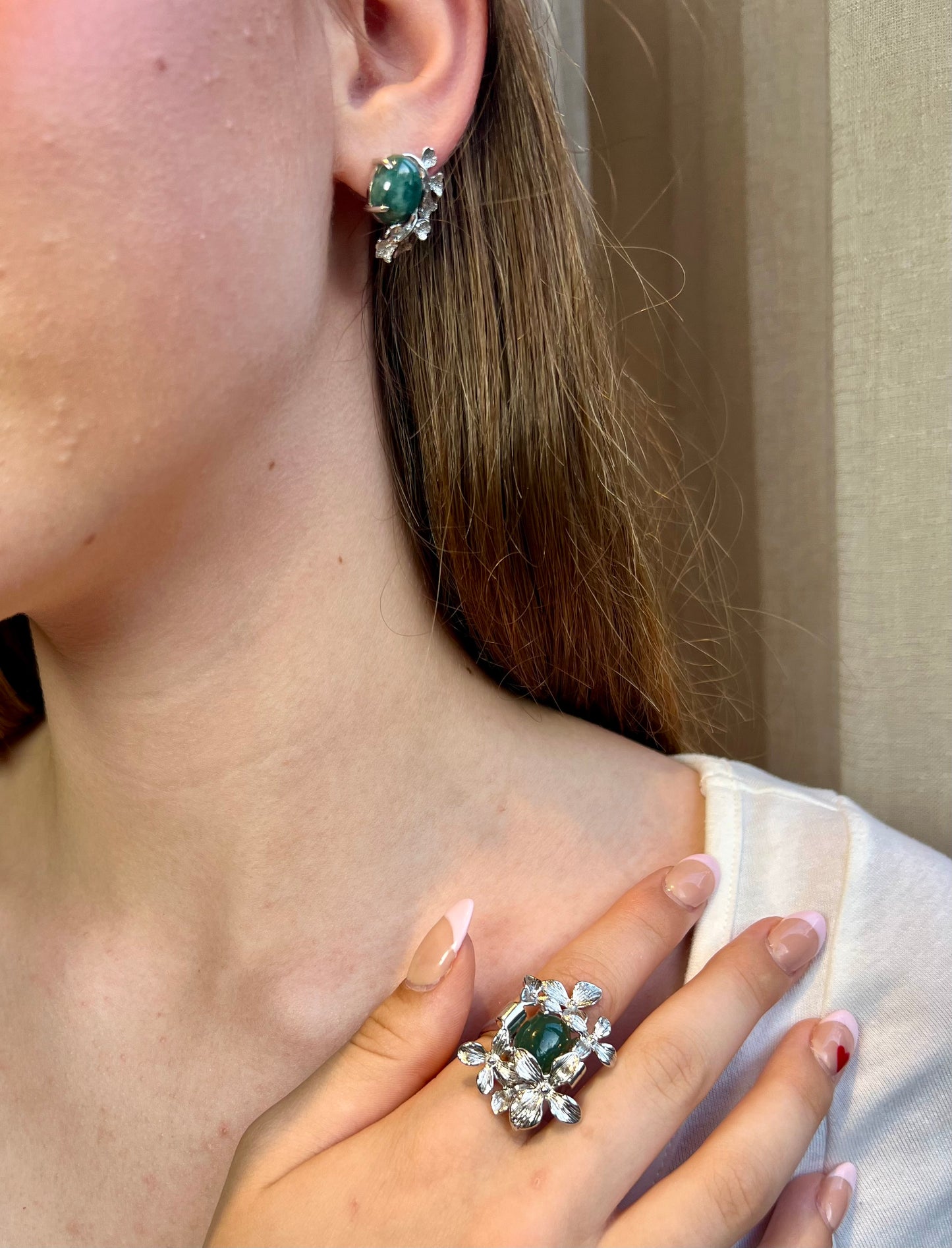 Burmese Natural Jade Earrings and Ring Set