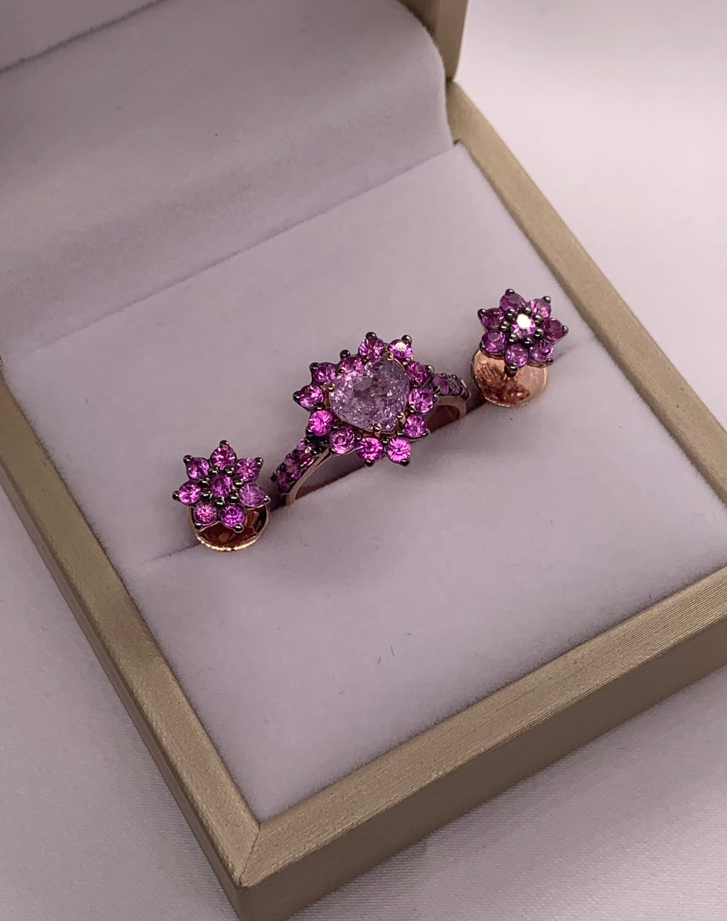 Natural Pink Sapphire Earrings and Ring Set