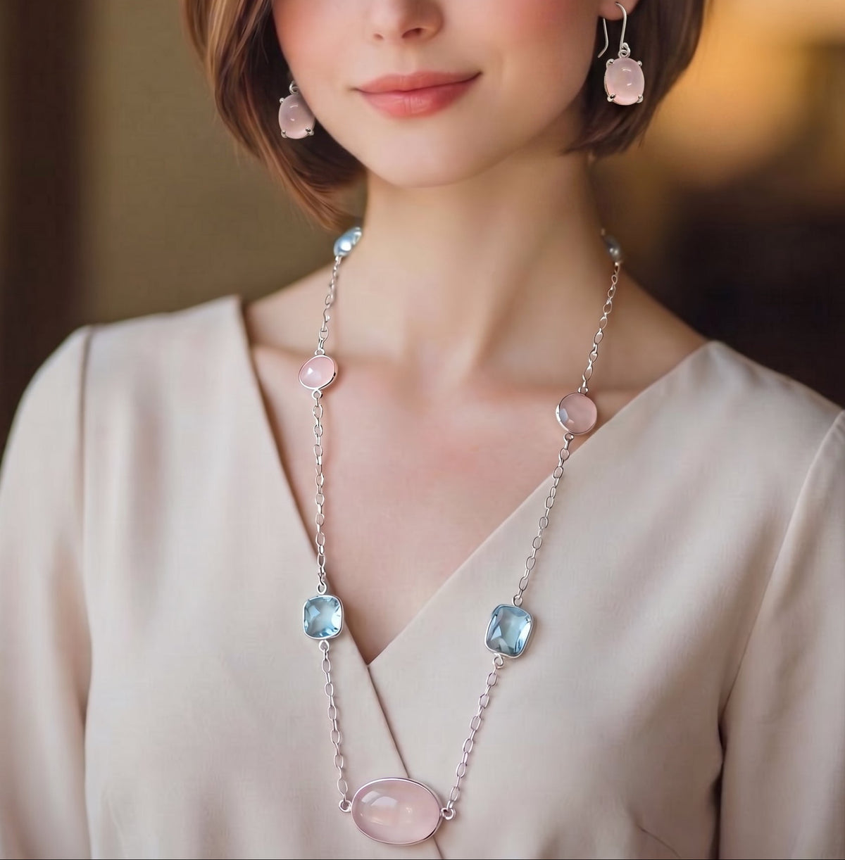 Natural Rose Quartz and Natural Aquamarine Station Necklace