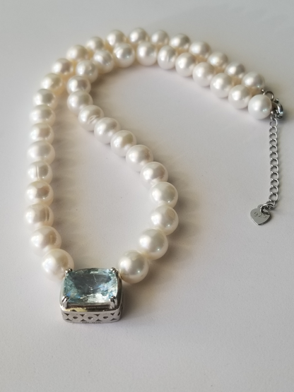Natural Freshwater Pearl with Aquamarine Necklace
