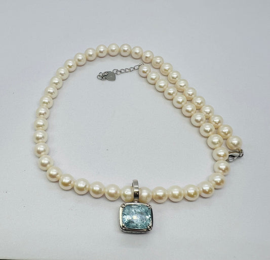 Natural Freshwater Pearl with Aquamarine Necklace