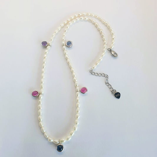 Natural Pearl with Multicolor Sapphire Necklace