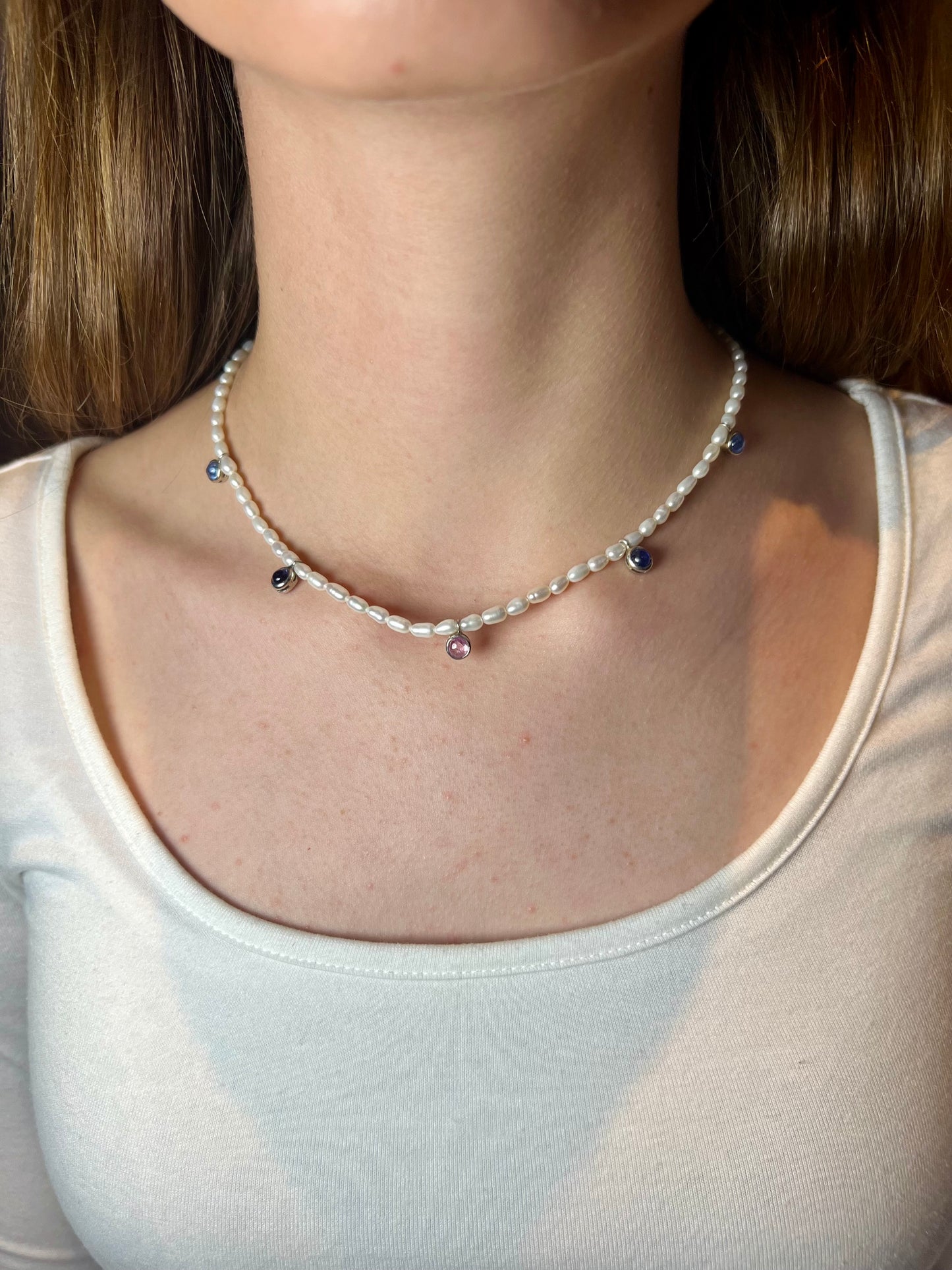 Natural Pearl with Multicolor Sapphire Necklace
