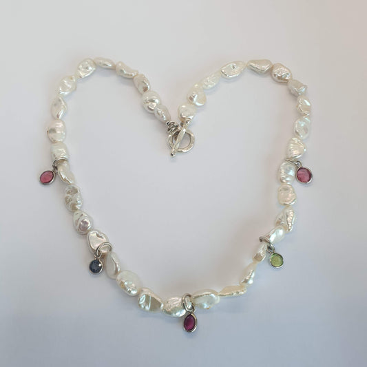 Natural Keshi Pearl Necklace with Natural Multicolor Tourmaline & Spinel