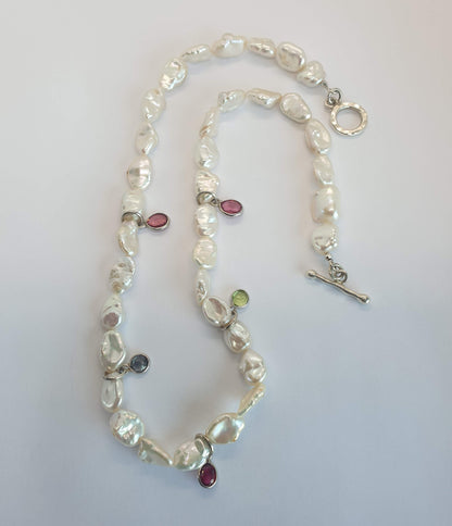 Natural Keshi Pearl Necklace with Natural Multicolor Tourmaline & Spinel