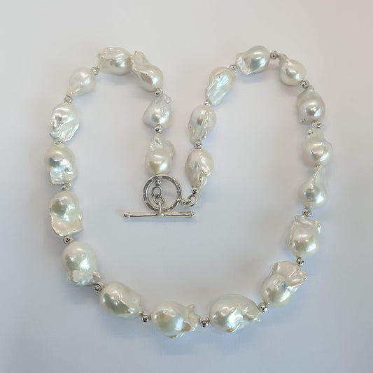 Natural Baroque Pearl with Silver Beads Necklace