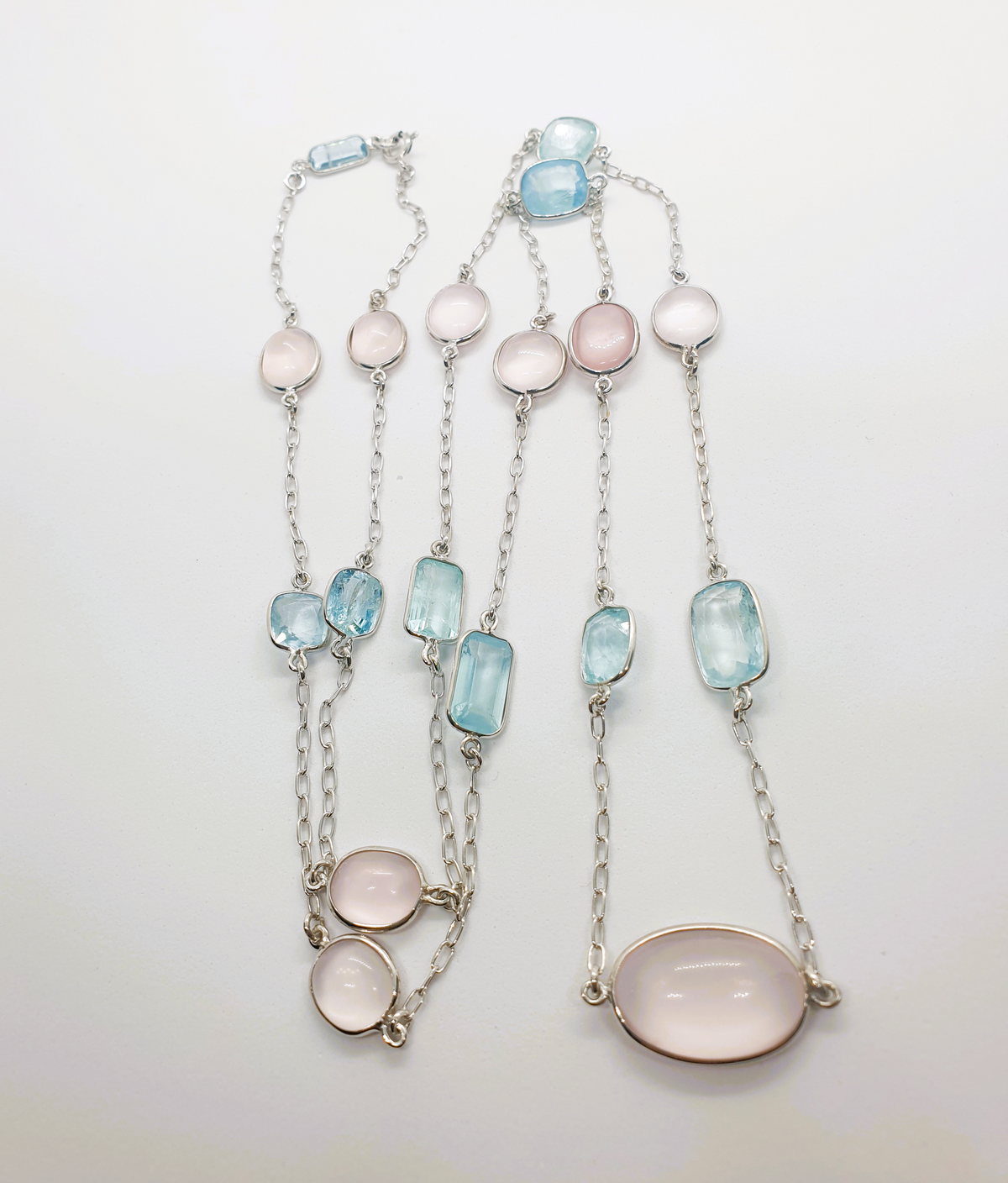 Natural Rose Quartz and Natural Aquamarine Station Necklace