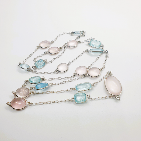 Natural Rose Quartz and Natural Aquamarine Station Necklace