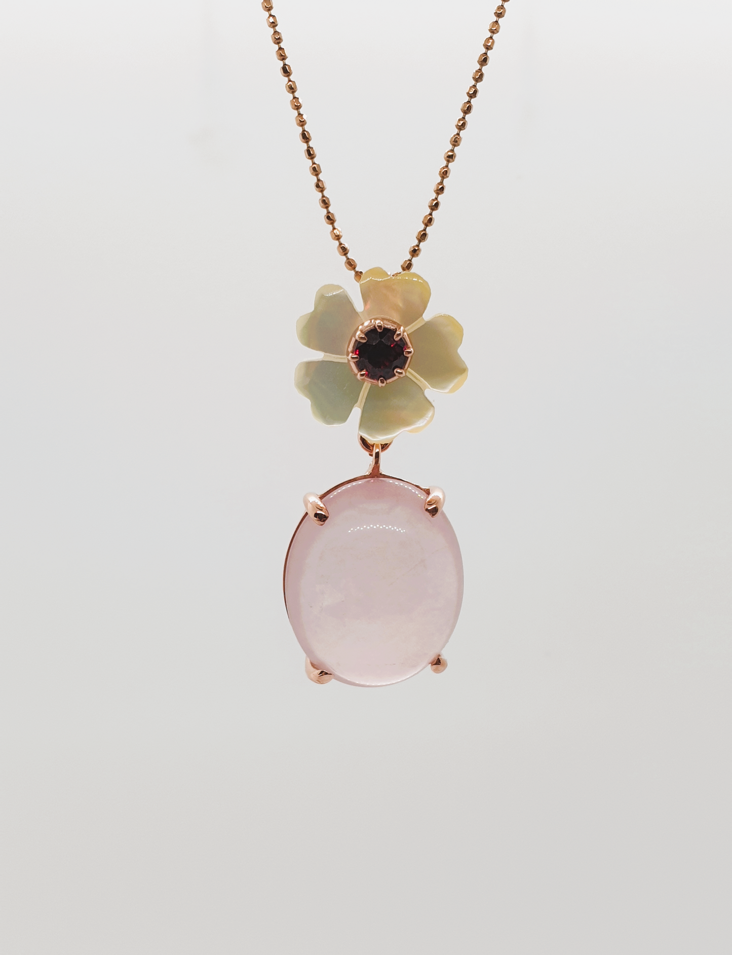 Natural Rose Quartz, Natural Garnet and Mother of Pearl Pendant