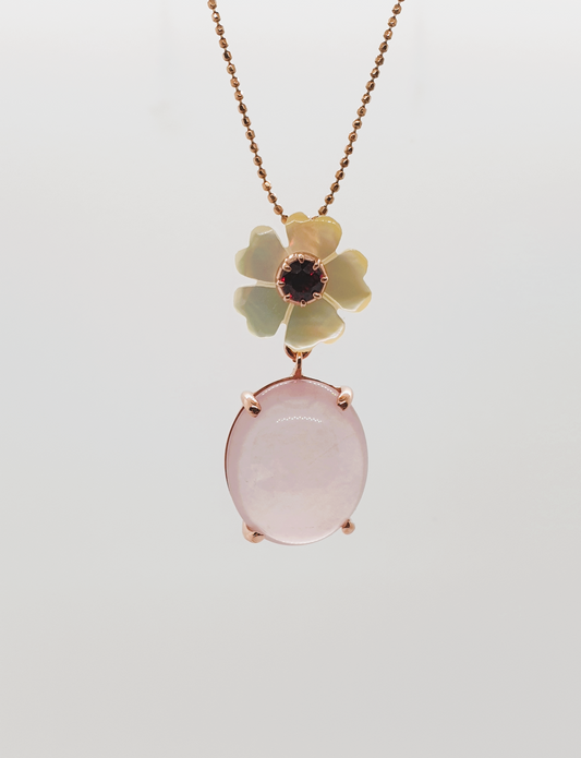 Natural Rose Quartz, Natural Garnet and Mother of Pearl Pendant