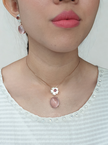 Natural Rose Quartz, Natural Garnet and Mother of Pearl Pendant