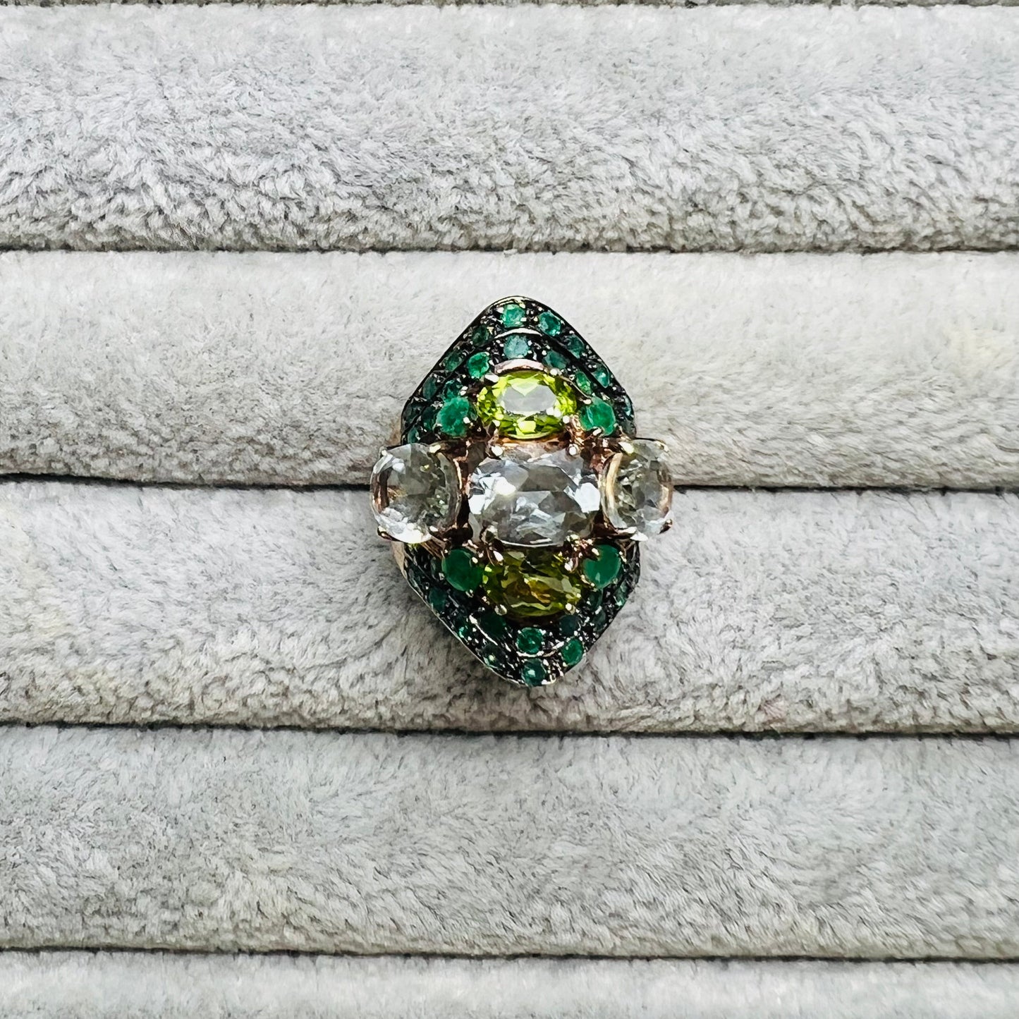 Natural White Topaz, Peridot and Emerald Ring