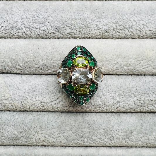 Natural White Topaz, Peridot and Emerald Ring
