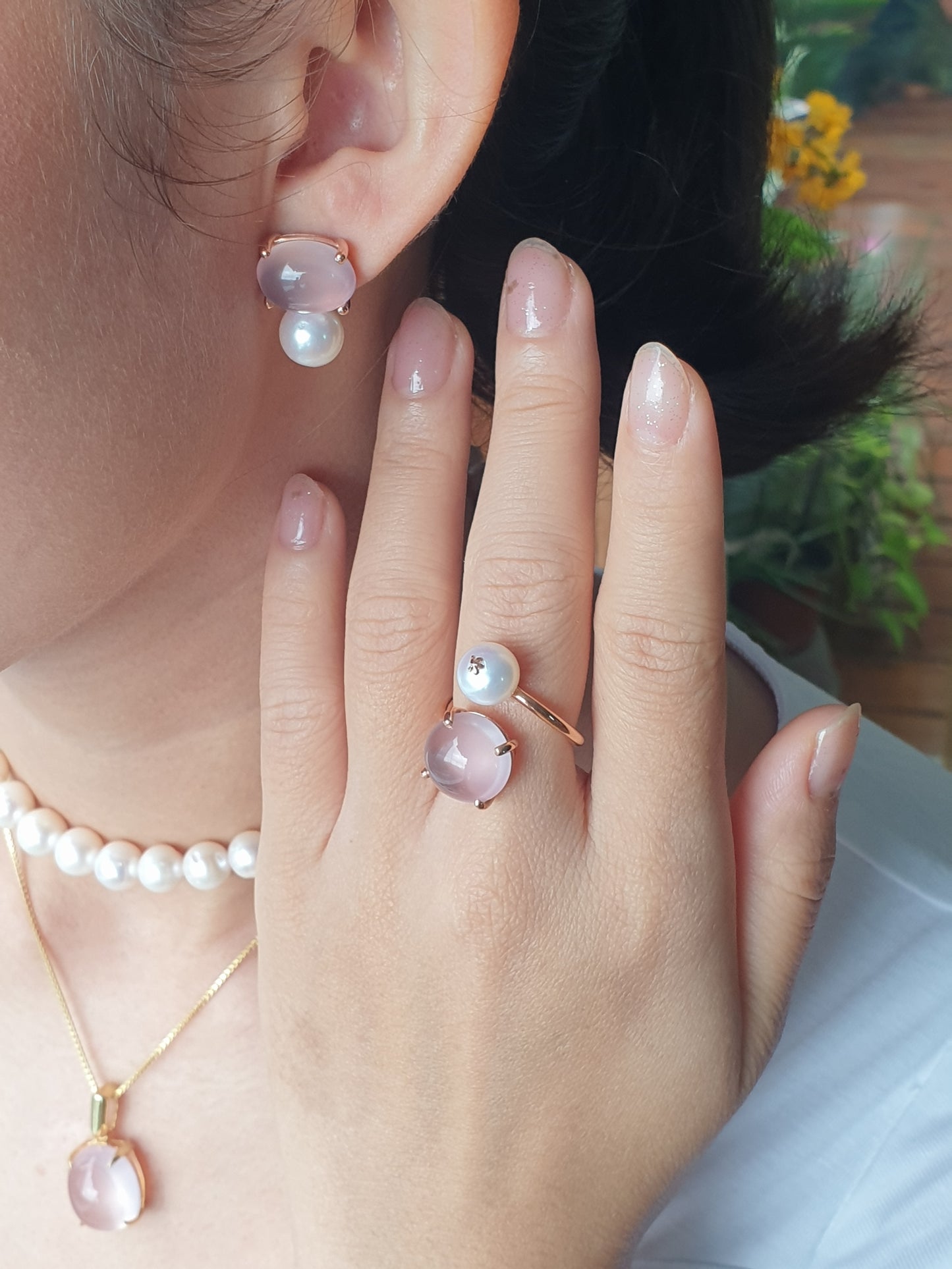 Natural Rose Quartz with Freshwater Pearl Ring