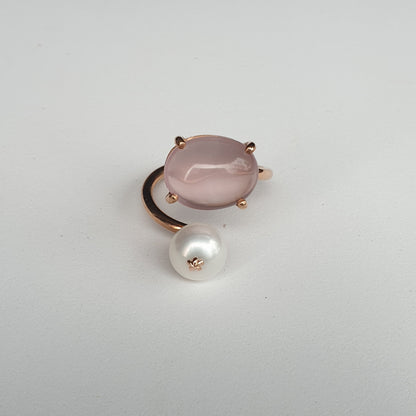 Natural Rose Quartz with Freshwater Pearl Ring