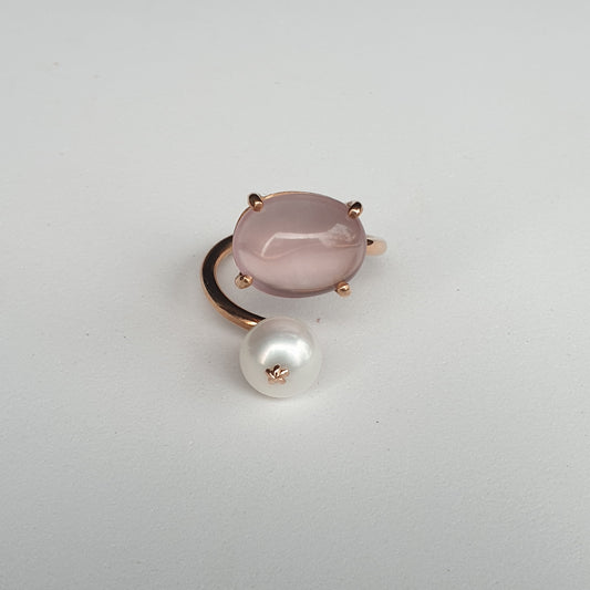 Natural Rose Quartz with Freshwater Pearl Ring