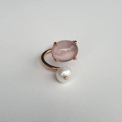 Natural Rose Quartz with Freshwater Pearl Ring