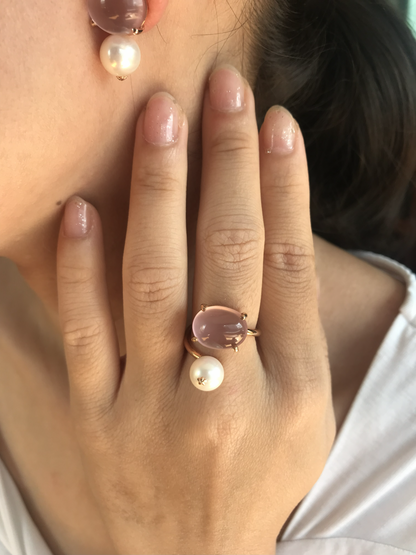 Natural Rose Quartz with Freshwater Pearl Ring