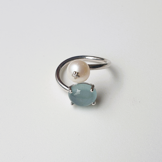 Natural Aquamarine with Freshwater Pearl Ring