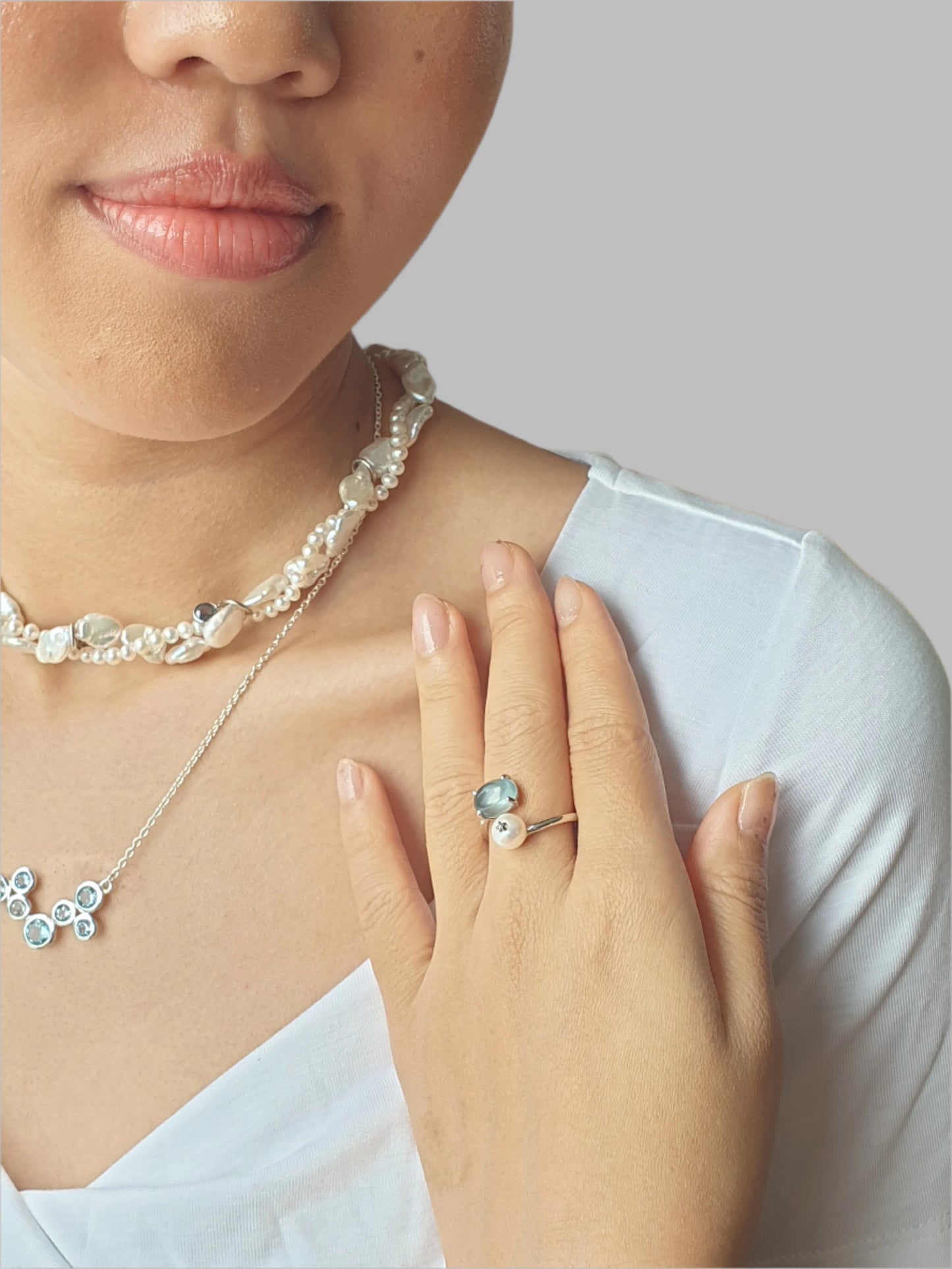 Natural Aquamarine with Freshwater Pearl Ring