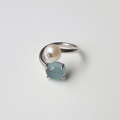 Natural Aquamarine with Freshwater Pearl Ring