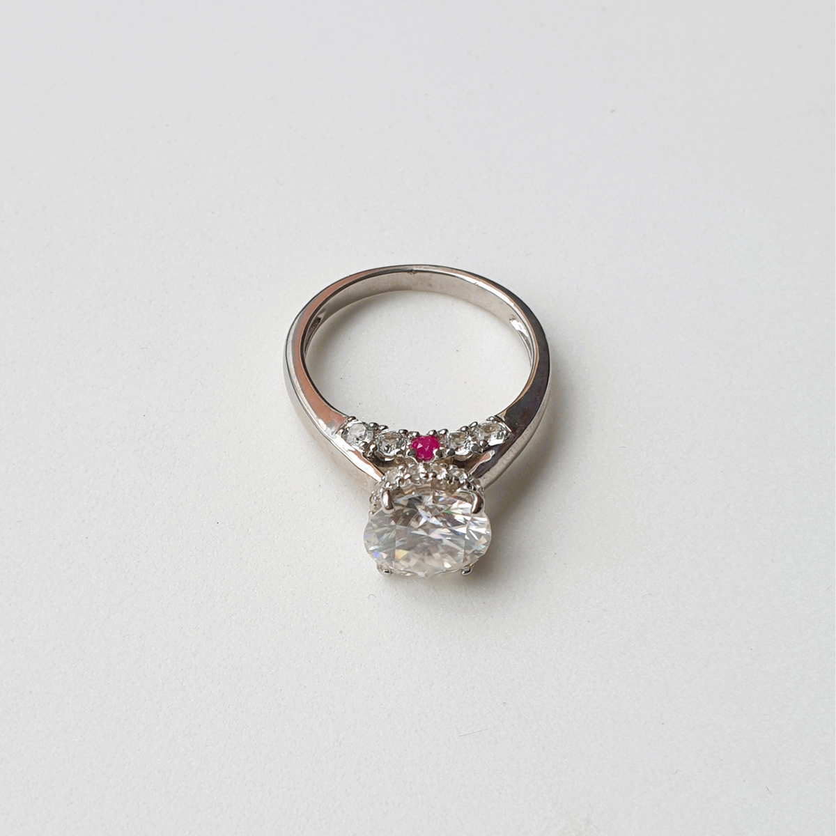 Moissanite, Natural Ruby and Natural White Topaz Ring