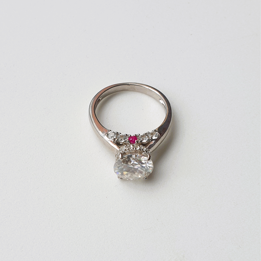 Moissanite, Natural Ruby and Natural White Topaz Ring