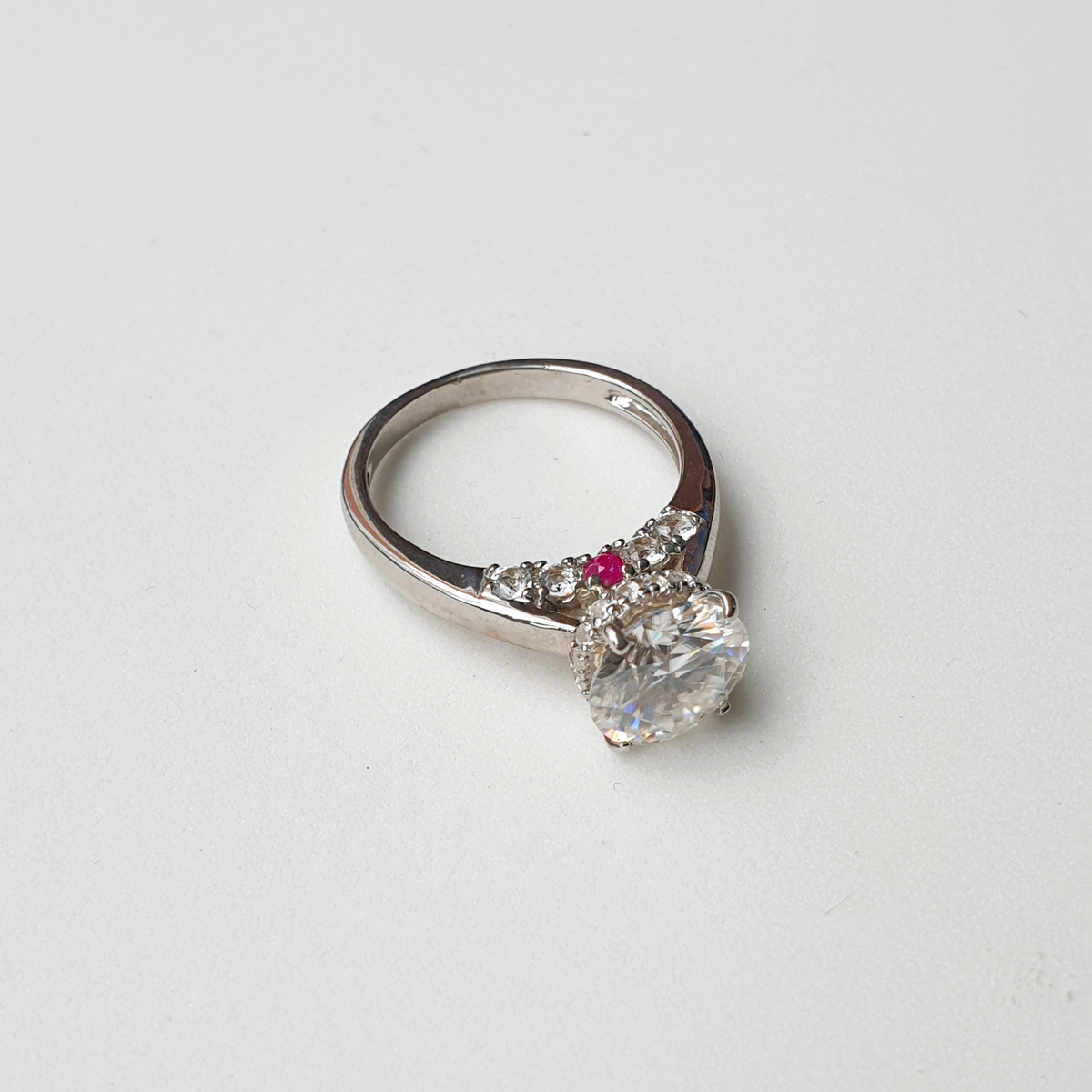 Moissanite, Natural Ruby and Natural White Topaz Ring