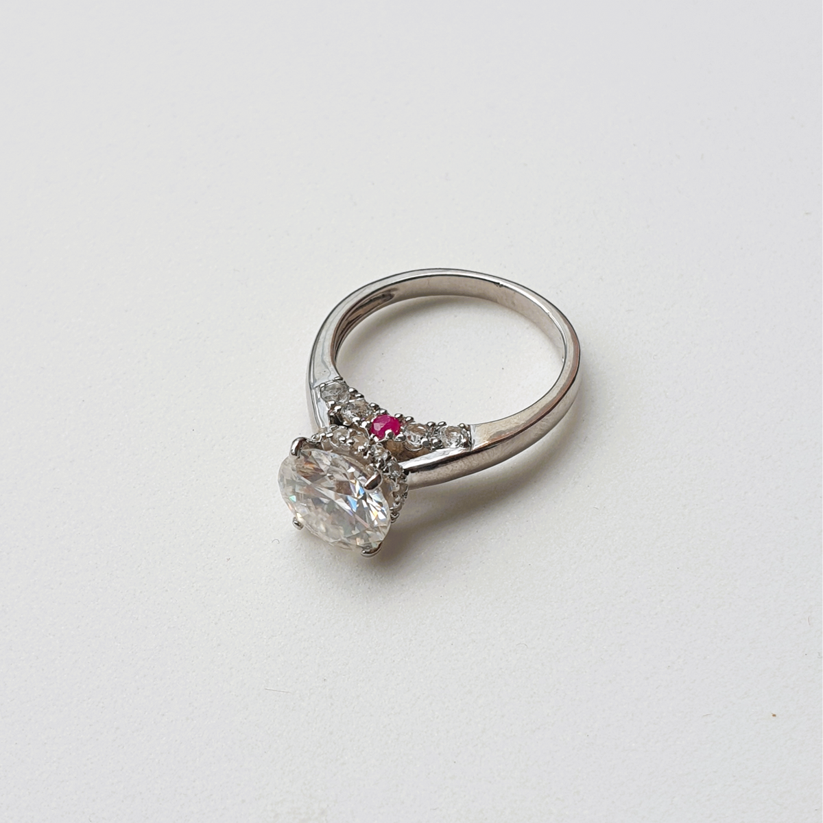 Moissanite, Natural Ruby and Natural White Topaz Ring